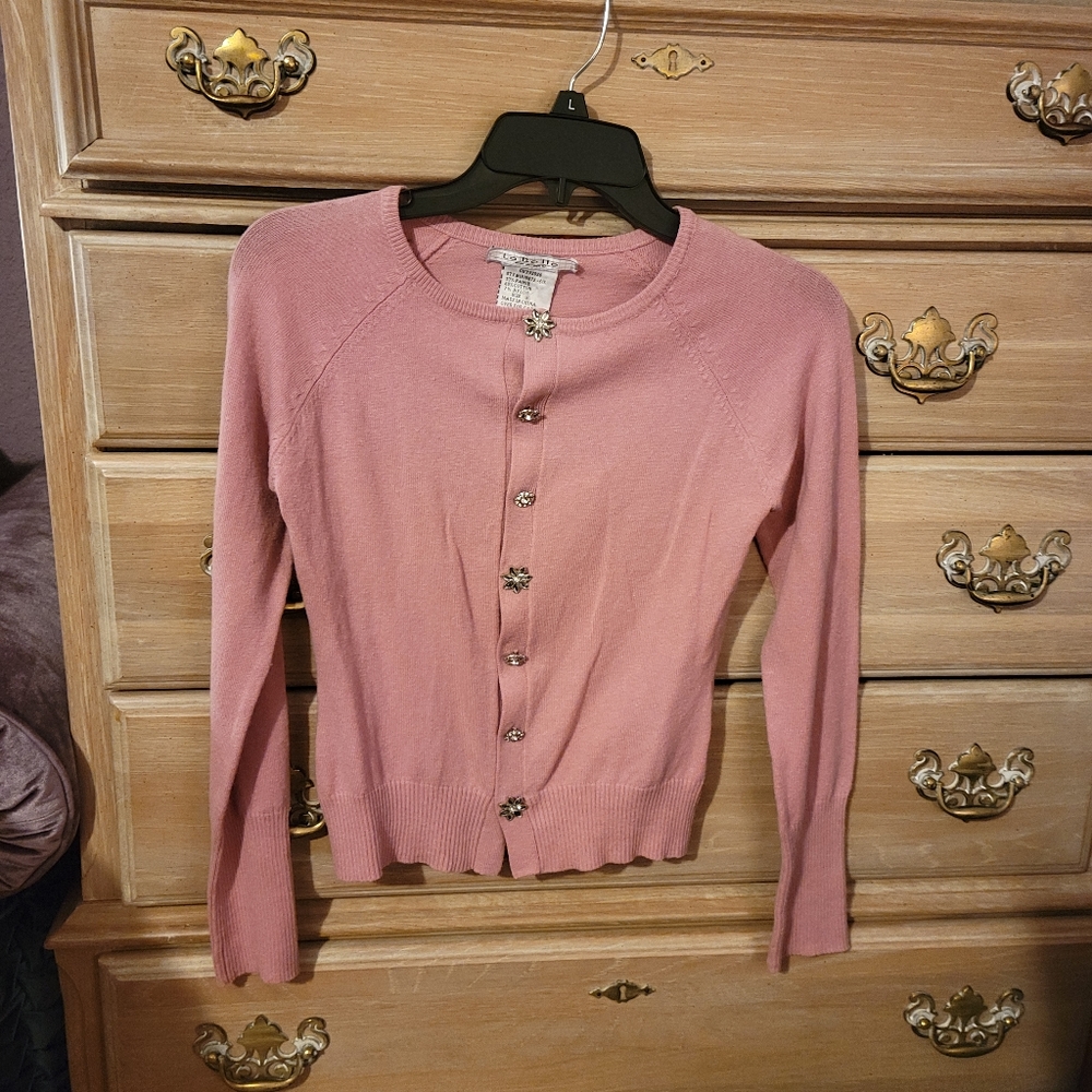 LaBelle Pink Cardigan Sweater w Beautiful Bejeweled Encrusted Buttons Size Small